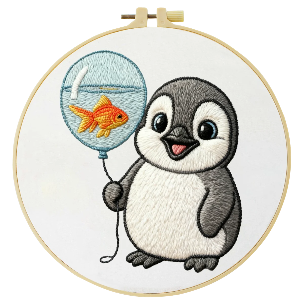 Handmade Baby Penguin Embroidery Hoop Wall Art – Cute Nursery Animal Balloon Decor