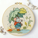 Cute Mouse with Leaf Umbrella Embroidery Kit – Whimsical Rainy Day DIY Hand Embroidery Hoop Art Set