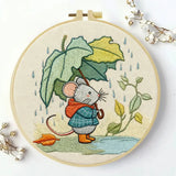 Cute Mouse with Leaf Umbrella Embroidery Kit – Whimsical Rainy Day DIY Hand Embroidery Hoop Art Set Kits For Stitchers