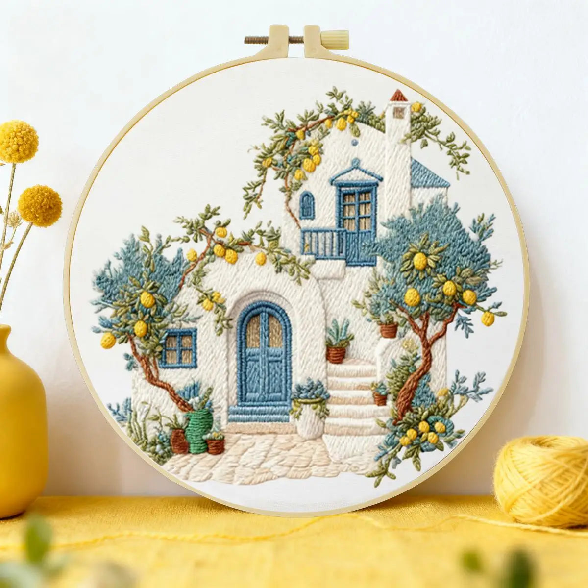Mediterranean Lemon House Embroidery Kit – DIY Coastal Cottage Hoop Art for Beginners & Craft Lovers