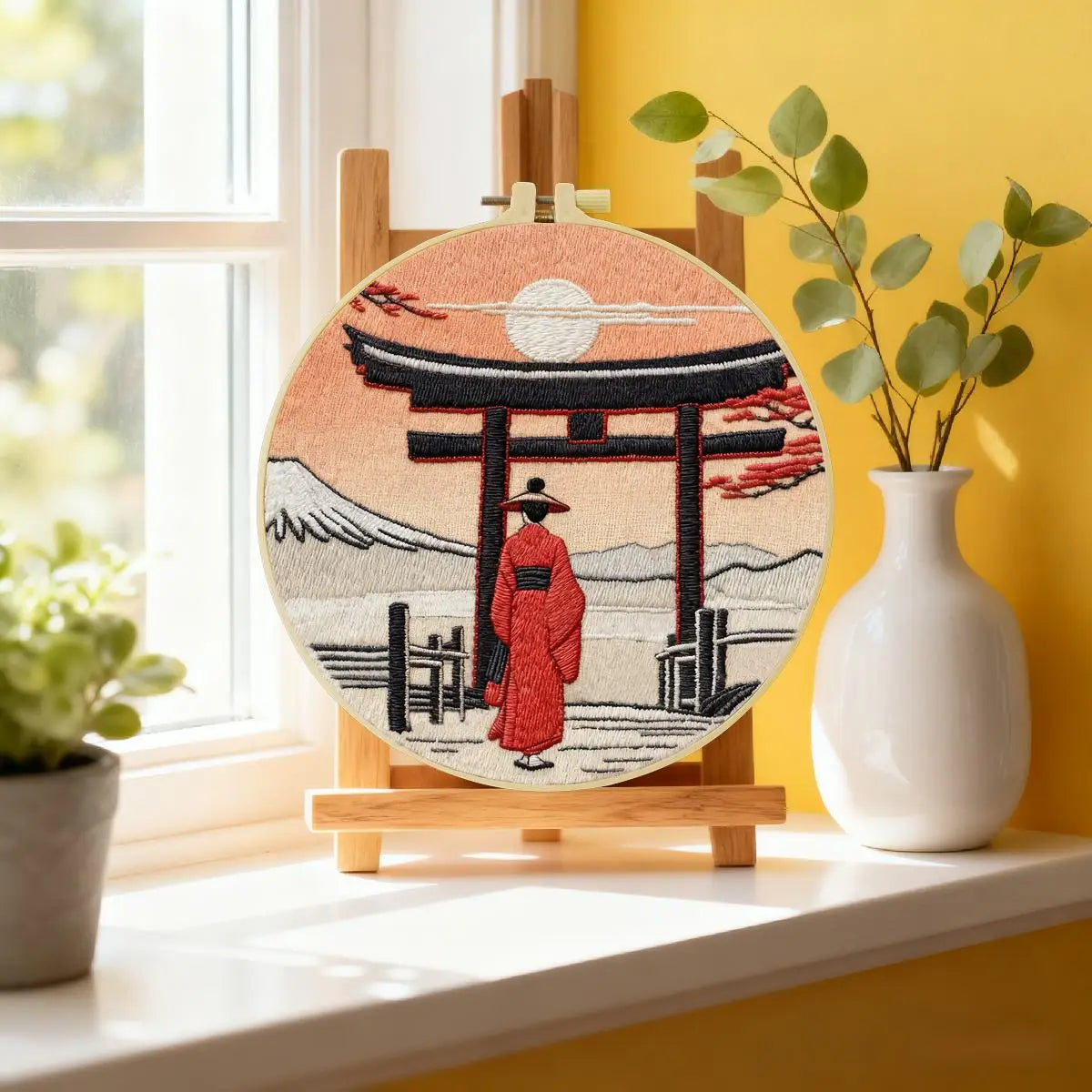 Japanese Torii Gate Embroidery Kit – Mount Fuji Sunset DIY Hand Embroidery Hoop Art Set