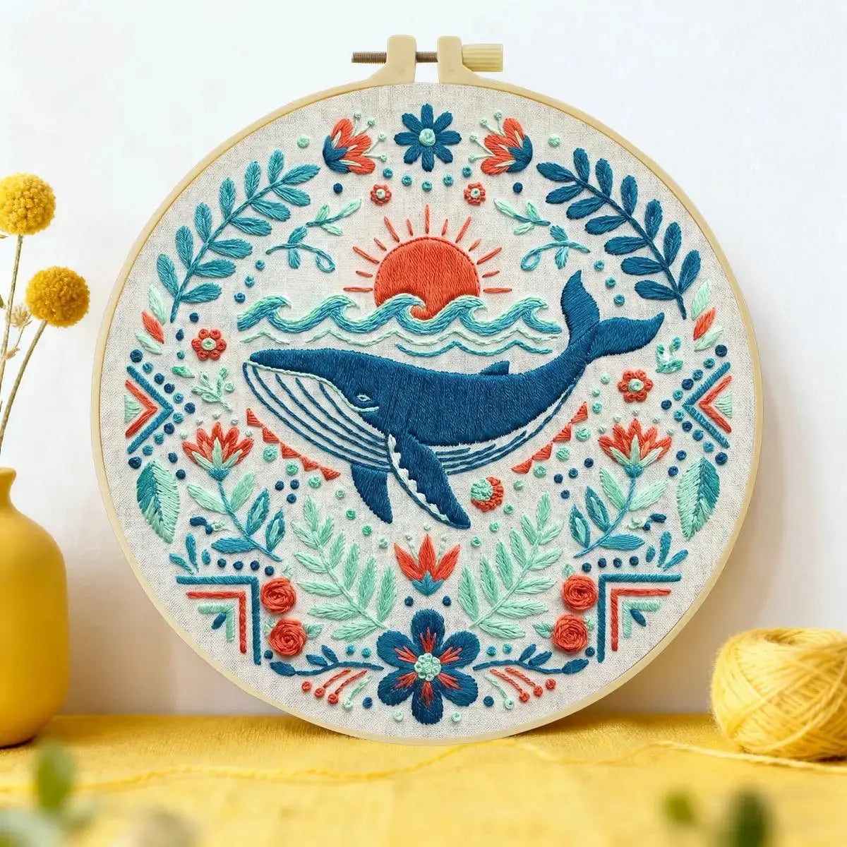 Folk Art Whale & Ocean Floral Embroidery Kit Kits For Stitchers