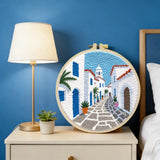 Mediterranean Greek Alley Embroidery Kit – Santorini Inspired Coastal Village DIY Needlepoint Hoop Art Travel Decor Craft Gift for Adults