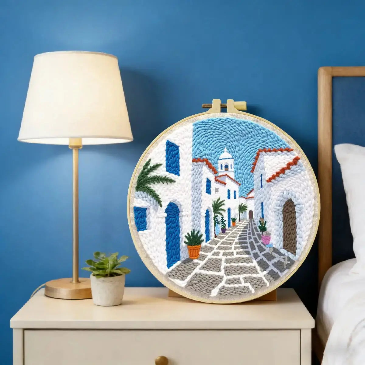 Mediterranean Greek Alley Embroidery Kit – Santorini Inspired Coastal Village DIY Needlepoint Hoop Art Travel Decor Craft Gift for Adults Kits For Stitchers