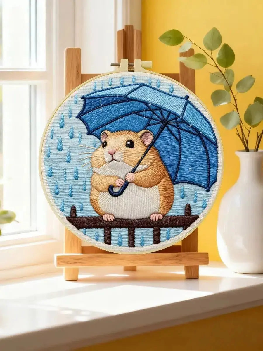 Rainy Day Hamster Embroidery Kit – Cute Umbrella Hamster DIY Hand Embroidery Set ☔🐹💙 Kits For Stitchers