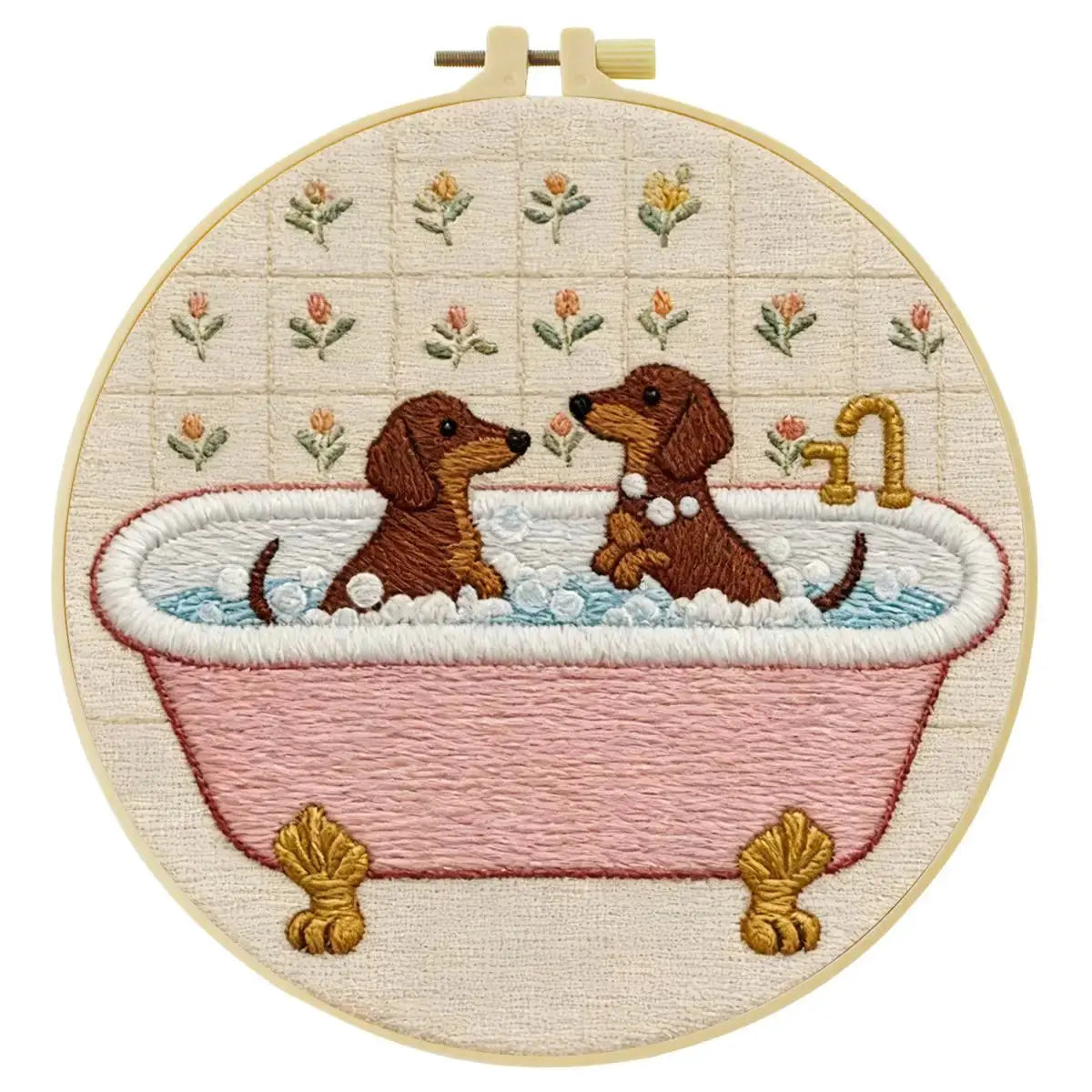 Dachshund Bath Time Embroidery Kit – Cute Sausage Dog DIY Hand Embroidery Hoop Art Set 🛁🐾 Kits For Stitchers