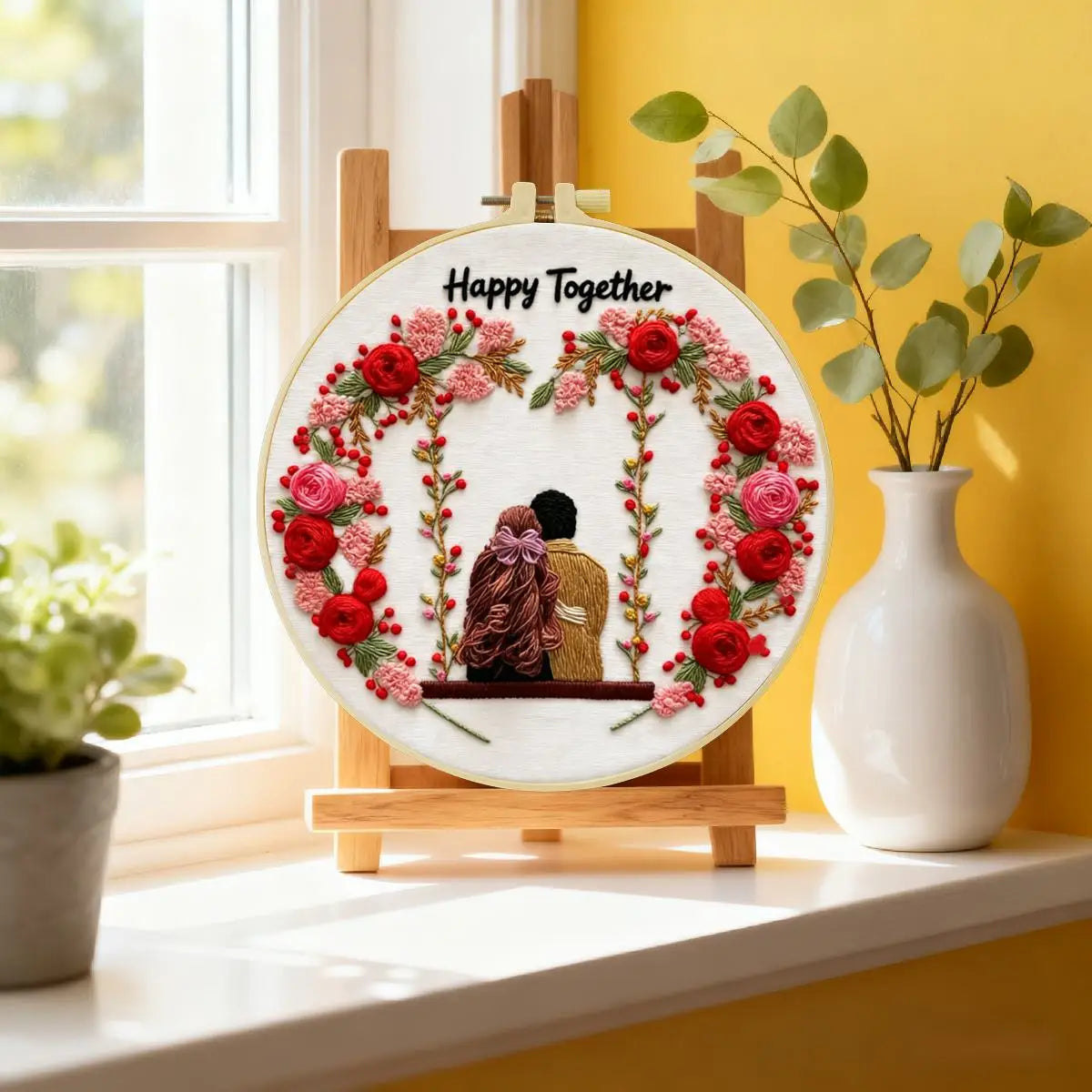 Happy Together Embroidery Kit for Beginners – DIY Romantic Couple Hand Embroidery Hoop Set
