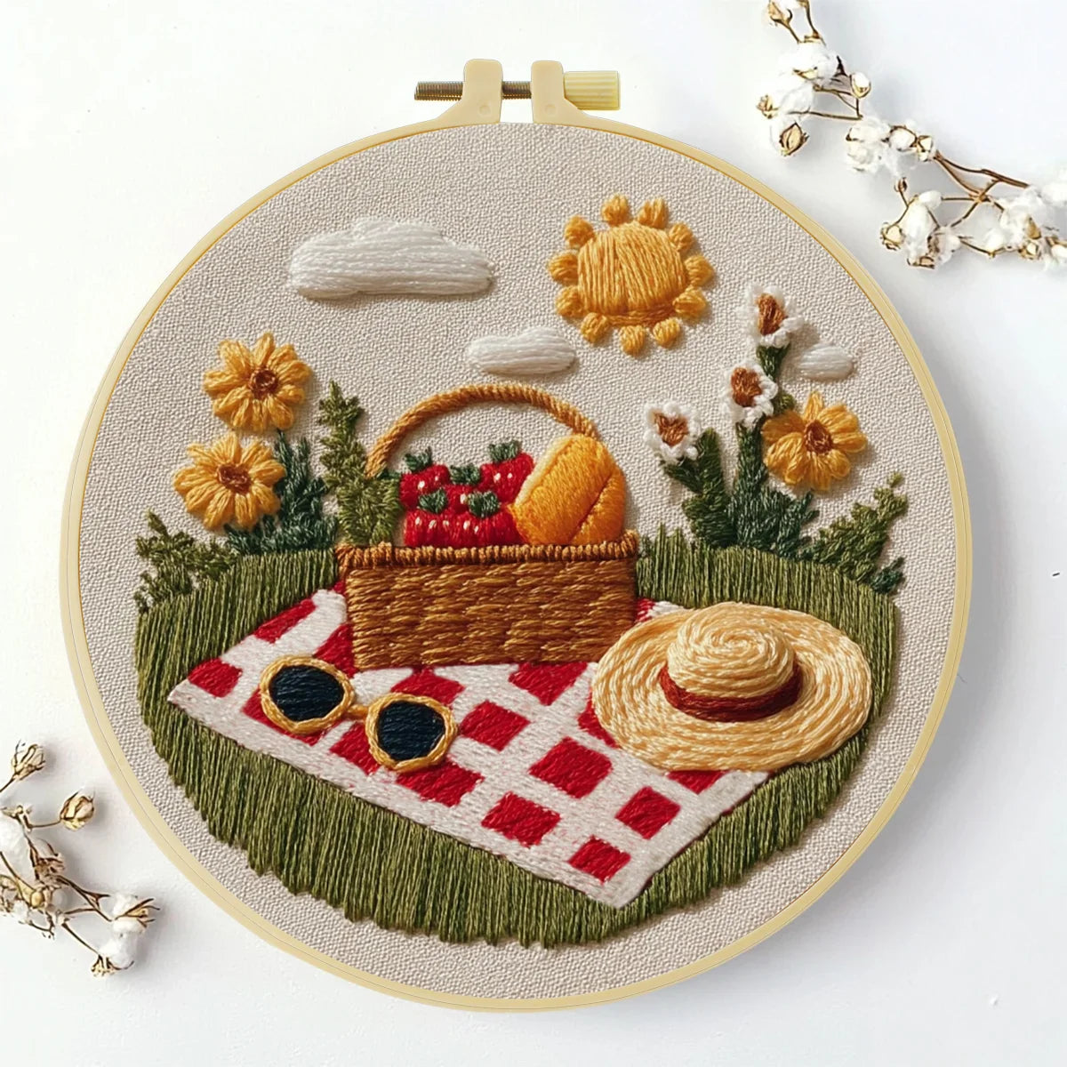 Handmade Summer Picnic Embroidery Hoop Wall Art – Floral Basket & Strawberry Cottagecore Decor