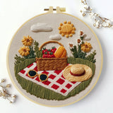Handmade Summer Picnic Embroidery Hoop Wall Art – Floral Basket & Strawberry Cottagecore Decor