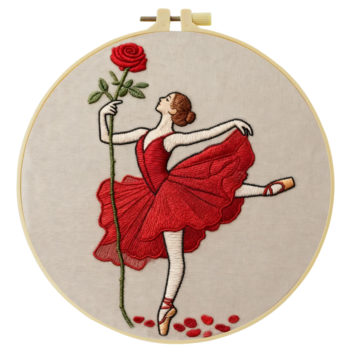 Handmade Red Rose Ballerina Embroidery Hoop Wall Art – Elegant Ballet Dancer Decor