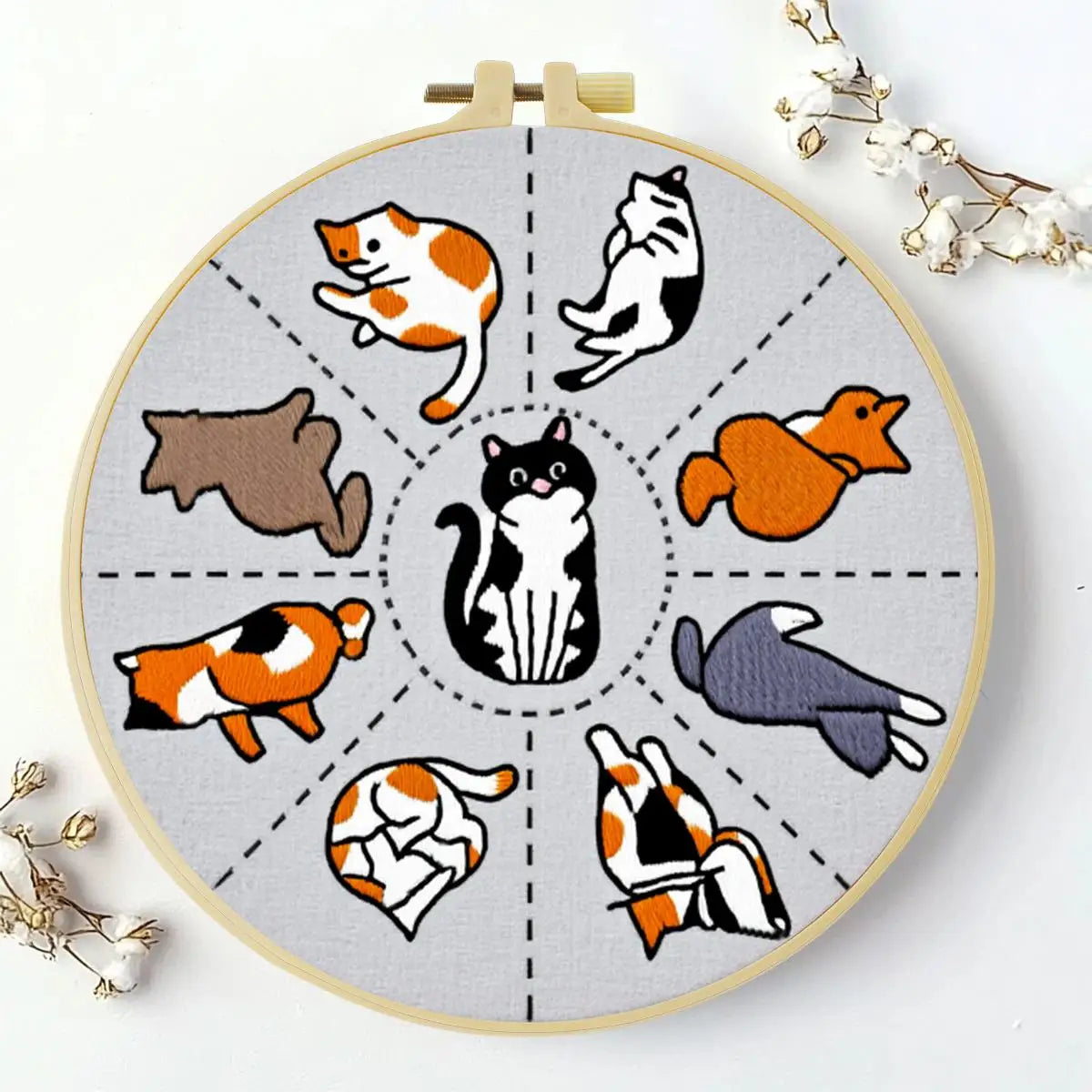 Cute Cat Poses Embroidery Kit – Kawaii DIY Hand Embroidery Hoop Art Set