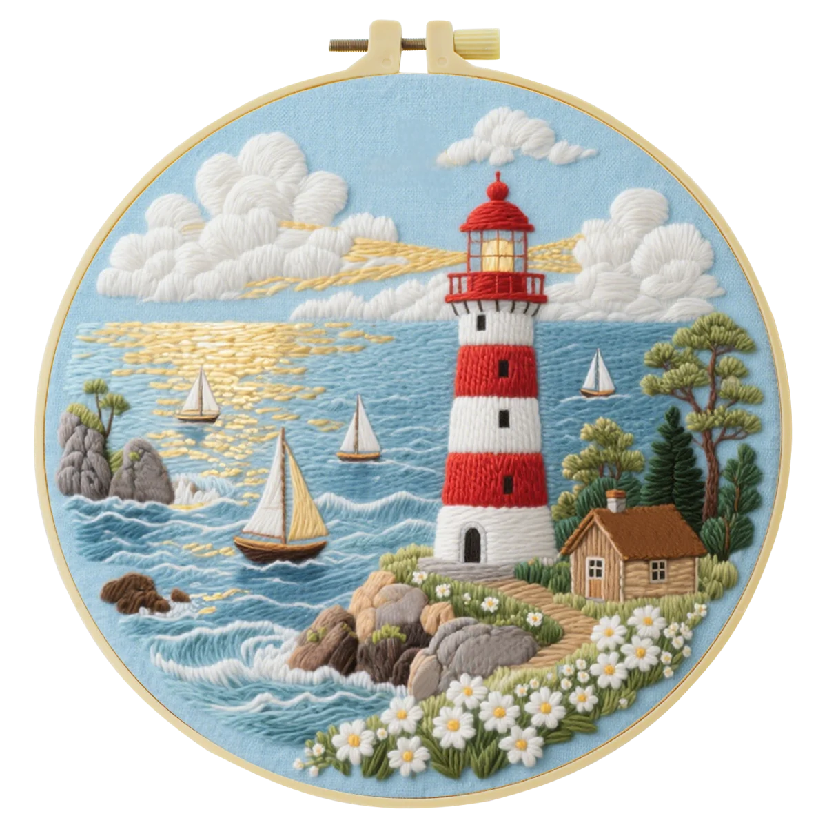 Coastal Lighthouse Embroidery Kit – Nautical Ocean Seascape DIY Needlepoint Hoop Art Beach House Decor Craft Gift for Adults