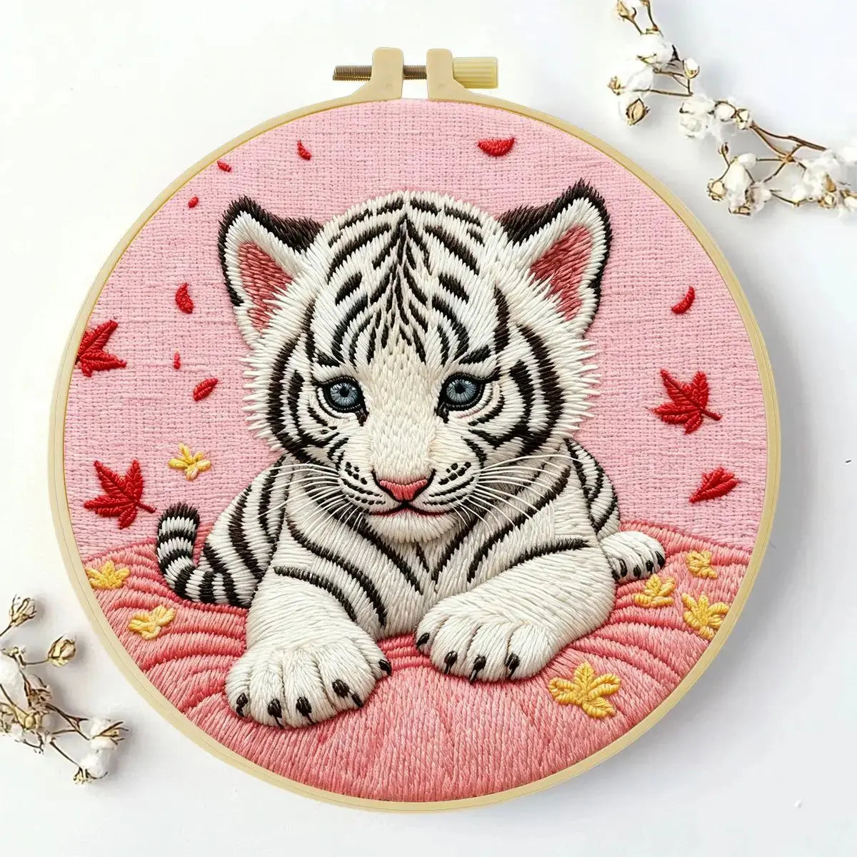 Snow White Tiger Cub Embroidery Kit 🐯🤍🌸 Kits For Stitchers