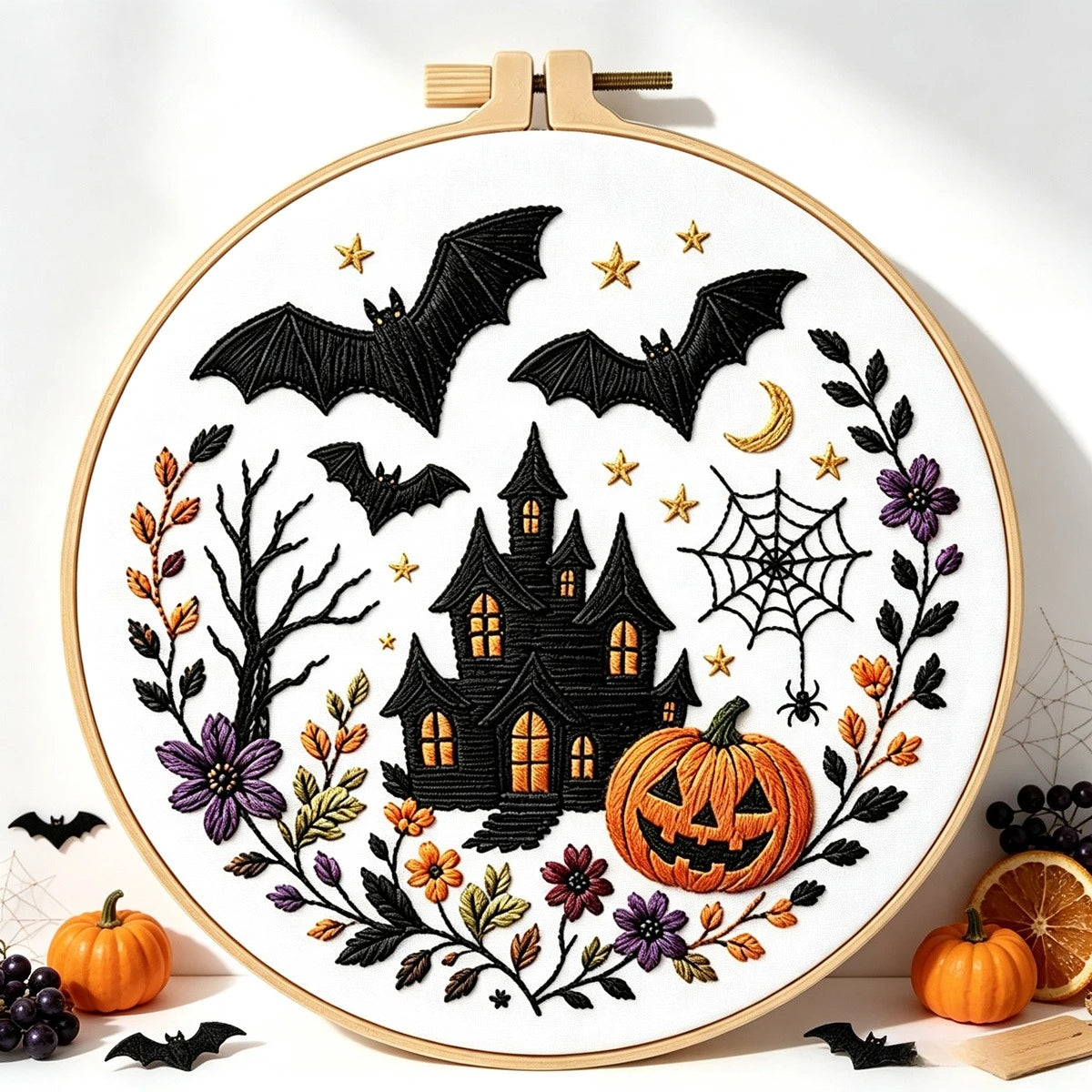 Spooky Halloween Floral Embroidery Kit – Set of 4