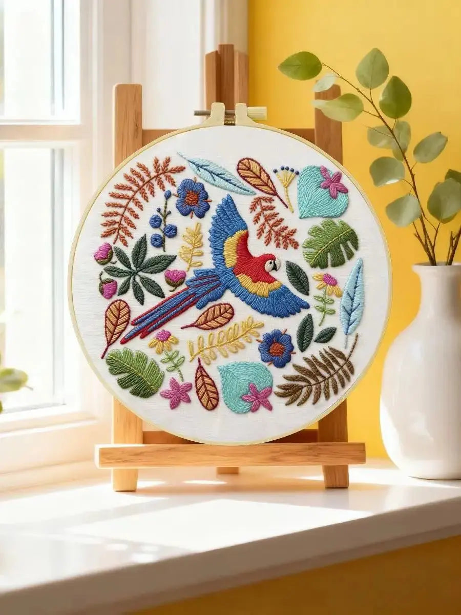 Tropical Macaw Embroidery Kit – Colorful Parrot DIY Hand Embroidery Hoop Art Set Kits For Stitchers
