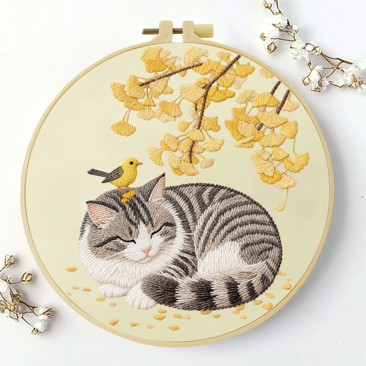 Sleeping Cat with Bird Embroidery Starter Kit – DIY Cute Animal Sewing Art Set for Beginne