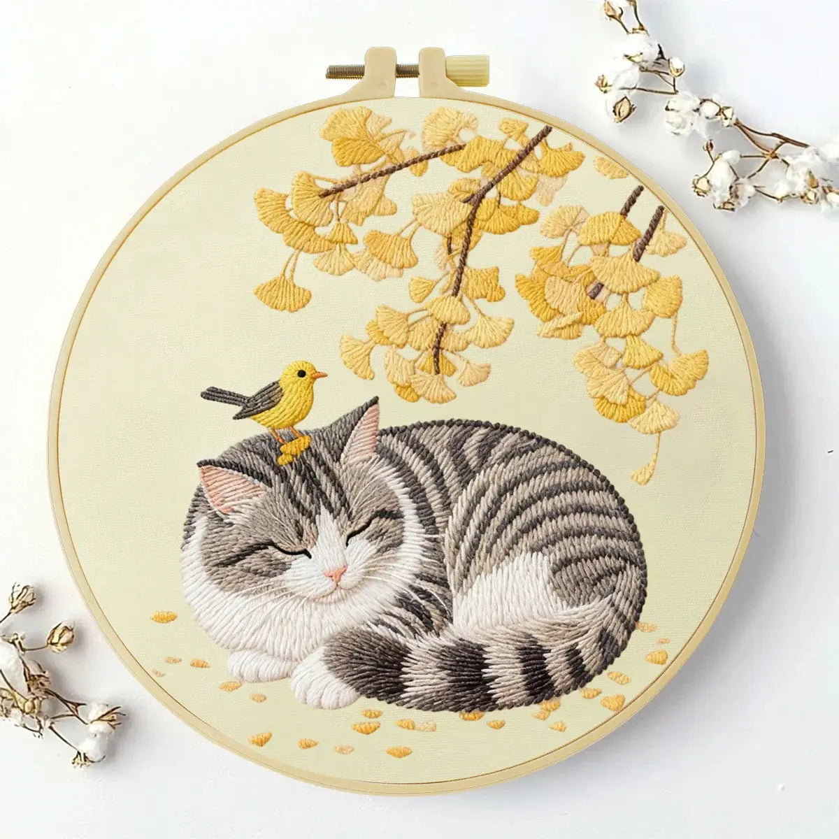 Sleeping Cat with Bird Embroidery Starter Kit – DIY Cute Animal Sewing Art Set for Beginne Kits For Stitchers