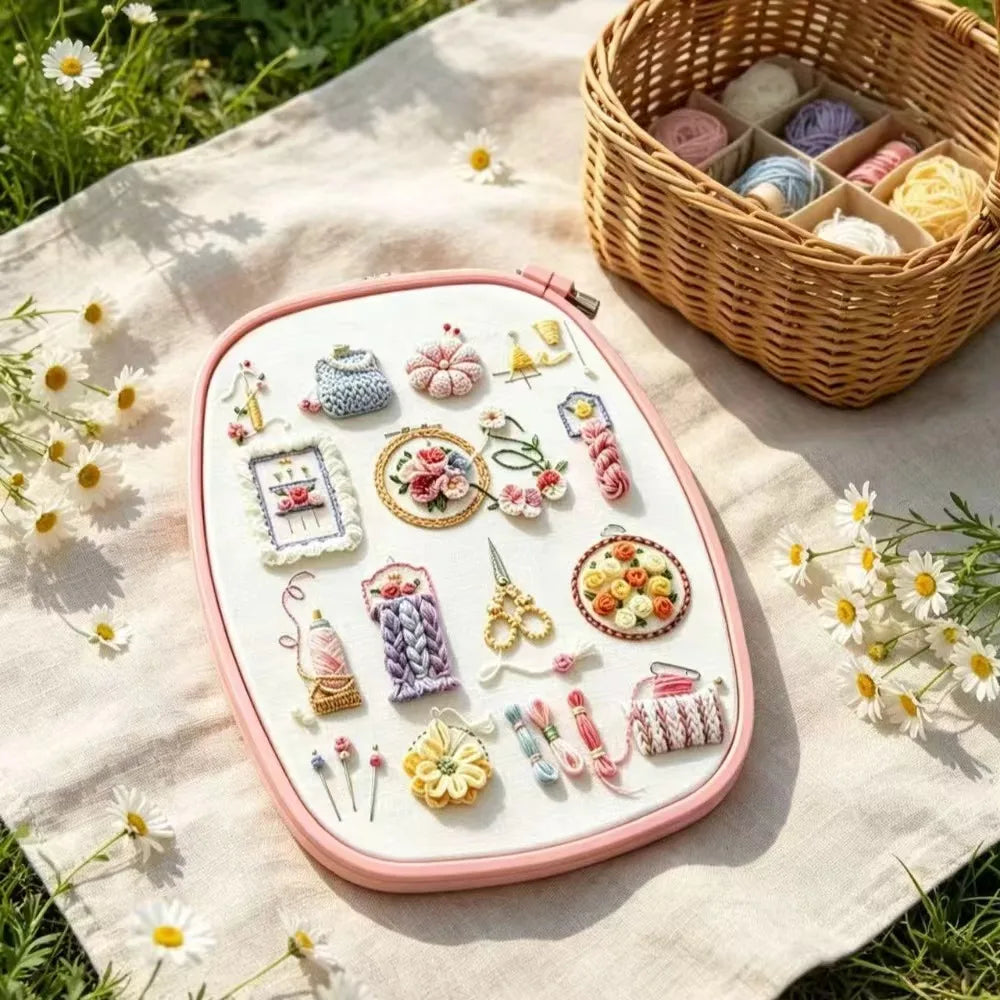 Cute Sewing & Embroidery Tools Pattern – DIY Craft Lover Hand Embroidery Kit with Floral Needlework Accessories Design