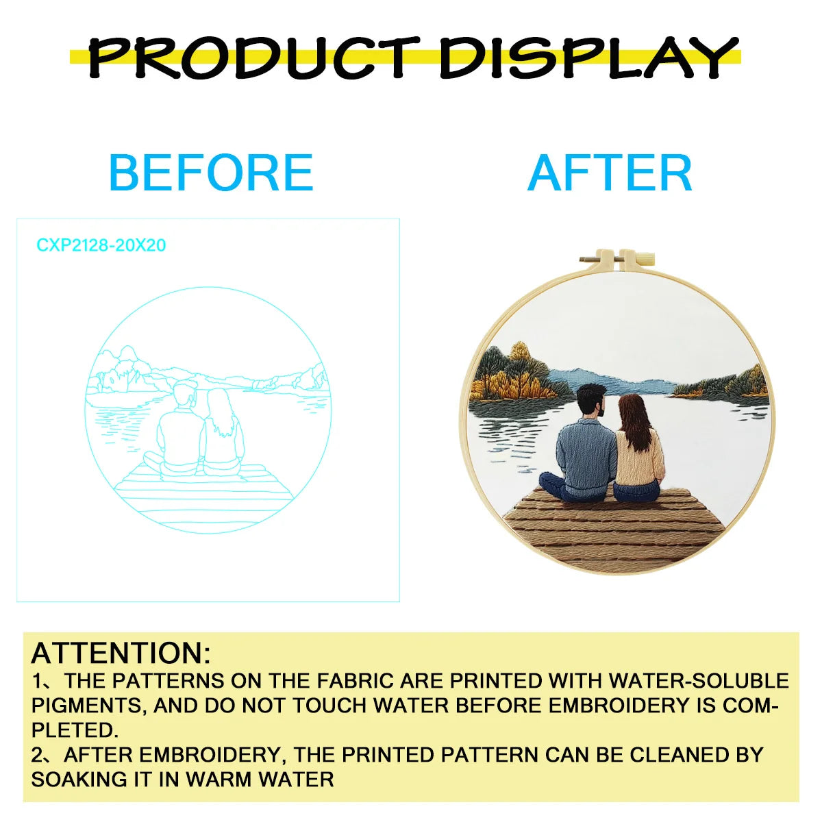 Romantic Lake Couple Embroidery Kit – Cozy Dock Scene Needlepoint Pattern with Peaceful Nature & Minimalist Love Art