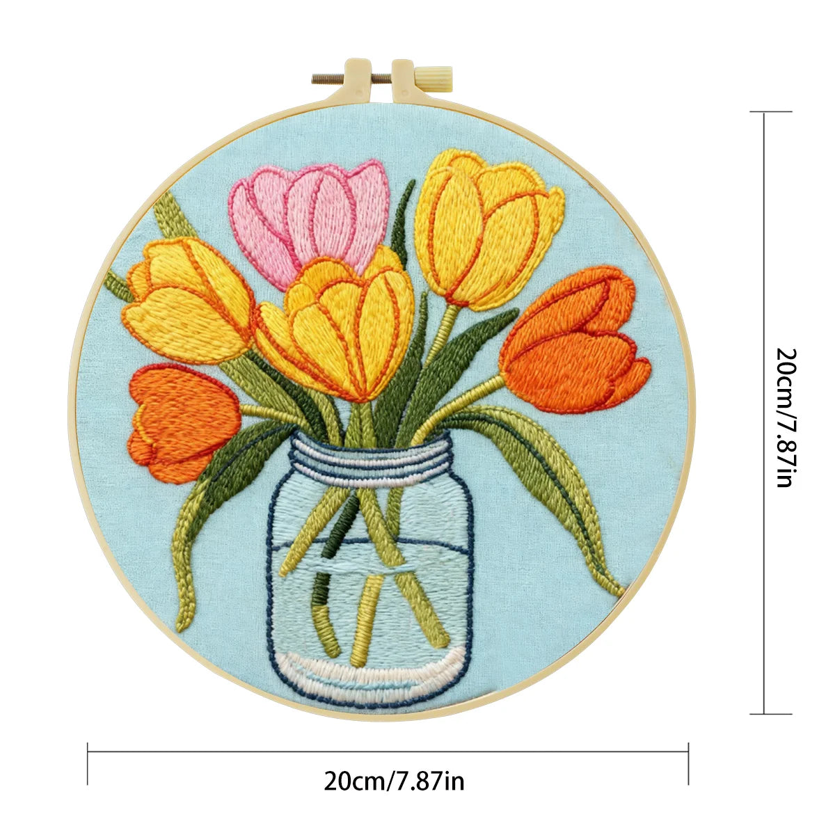 Handmade Tulip Bouquet Embroidery Hoop Wall Art – Colorful Floral Mason Jar Decor