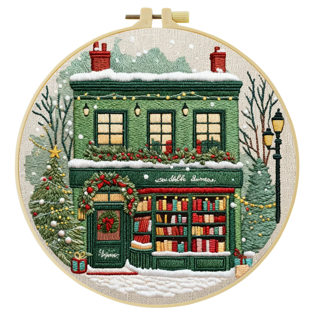 Christmas Bookstore Embroidery Kit – DIY Winter Holiday Village Sewing Craft Set, Festive Snowy Shop Wall Art Decor