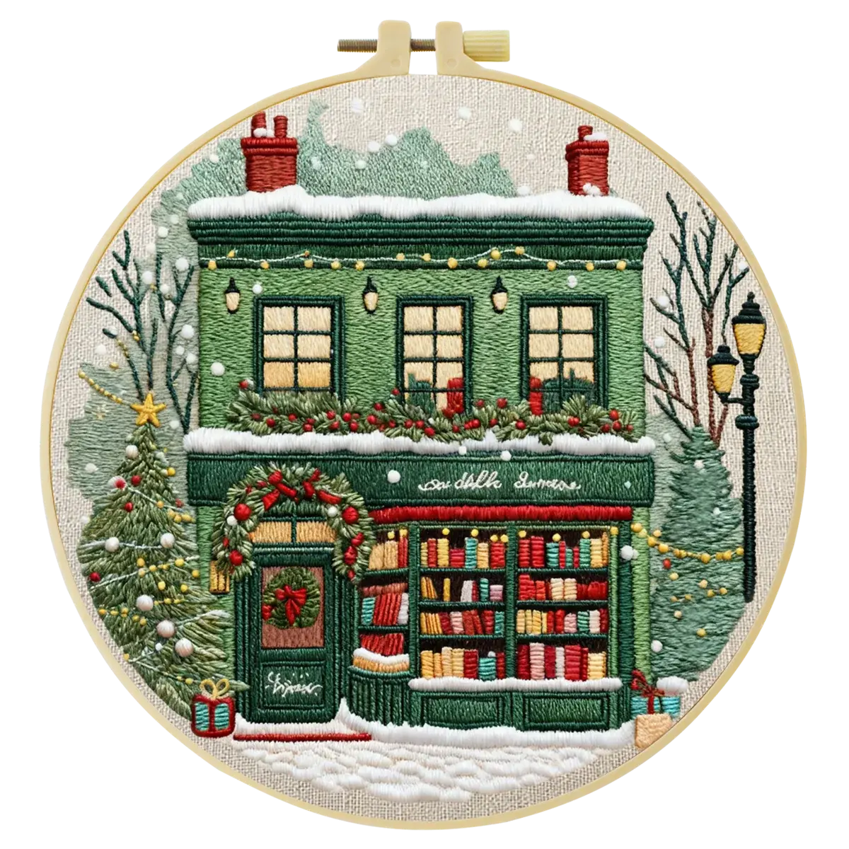 Christmas Bookstore Embroidery Kit – DIY Winter Holiday Village Sewing Craft Set, Festive Snowy Shop Wall Art Decor Kits For Stitchers