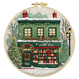 Christmas Bookstore Embroidery Kit – DIY Winter Holiday Village Sewing Craft Set, Festive Snowy Shop Wall Art Decor Kits For Stitchers