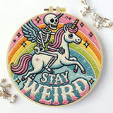 Stay Weird Skeleton Unicorn Embroidery Kit – Funny Gothic Rainbow DIY Hand Embroidery Hoop Set