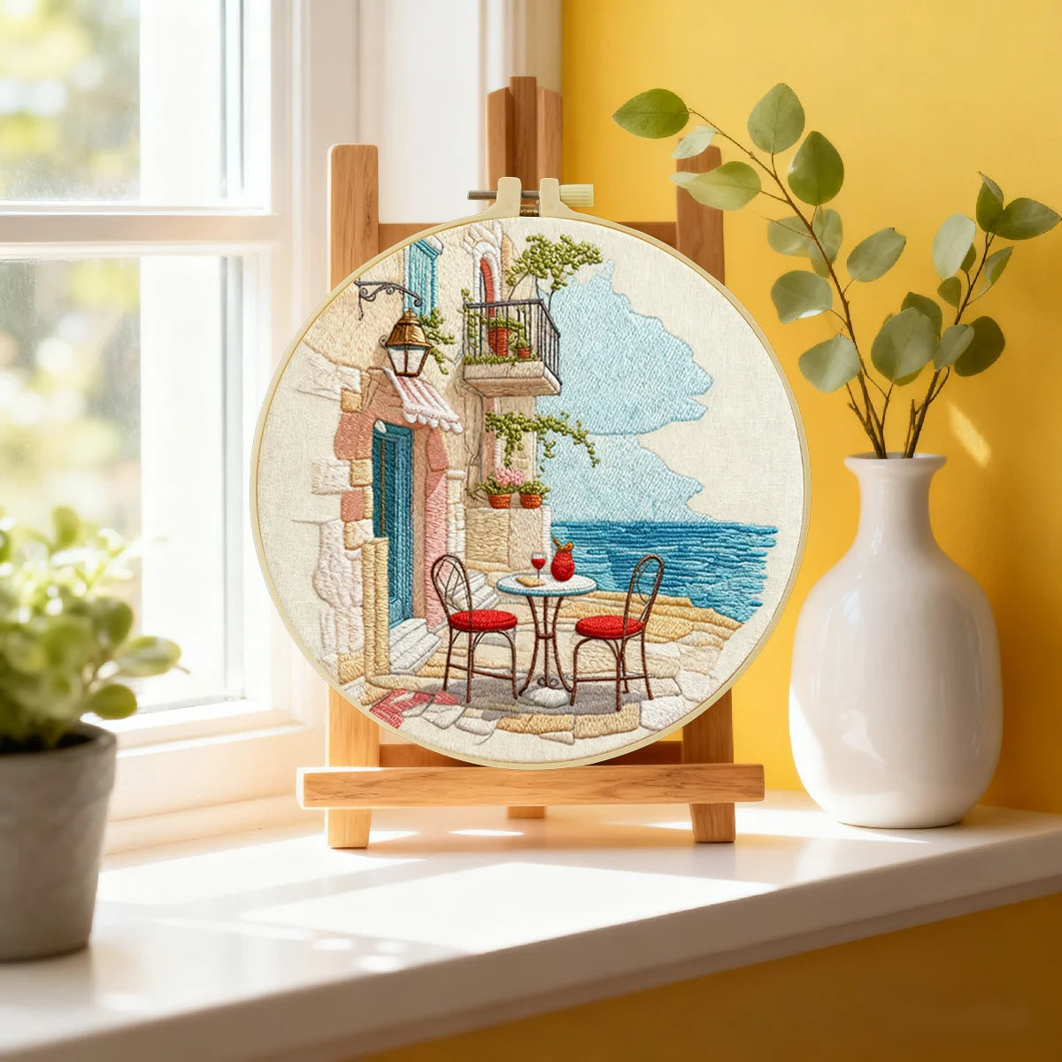 Mediterranean Seaside Café Embroidery Kit – Coastal European Street DIY Needlepoint Hoop Art Relaxing Vacation Decor Craft Gift