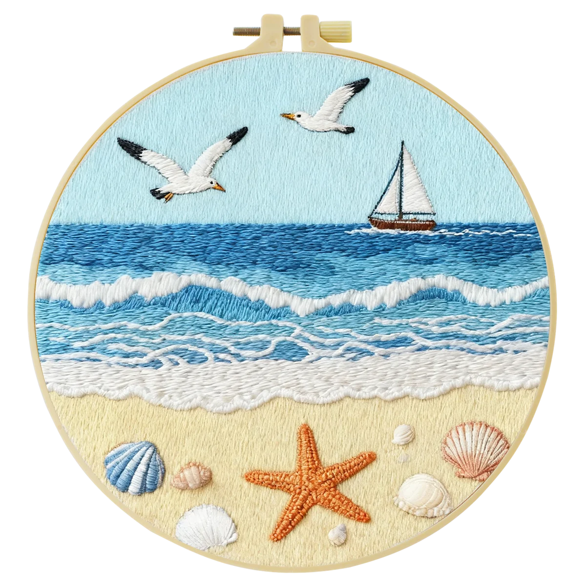 Coastal Beach Embroidery Kit – Ocean Waves, Seagulls & Seashells DIY Needlepoint Hoop Art Nautical Seaside Decor Craft Gift for Adults