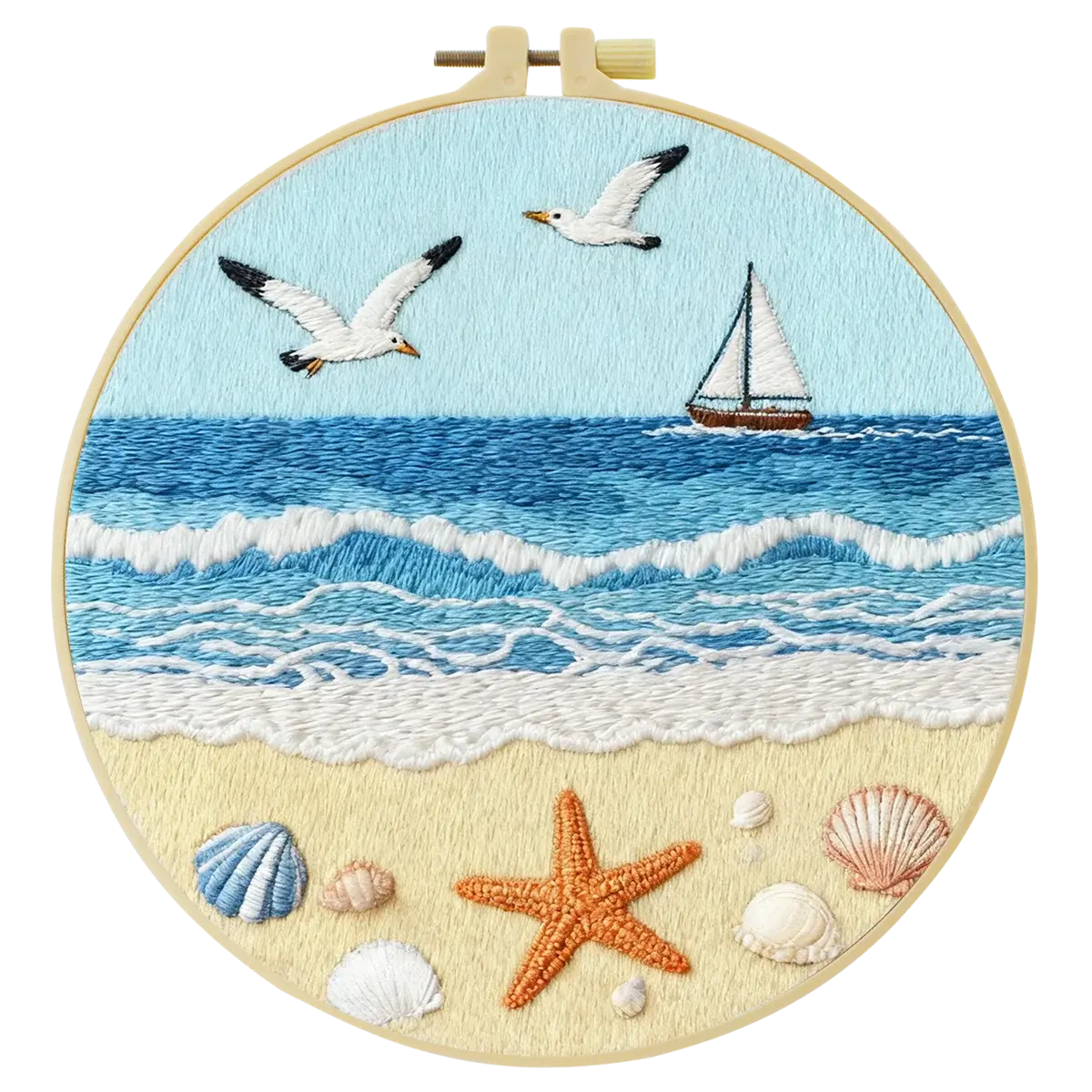 Coastal Beach Embroidery Kit – Ocean Waves, Seagulls & Seashells DIY Needlepoint Hoop Art Nautical Seaside Decor Craft Gift for Adults Kits For Stitchers