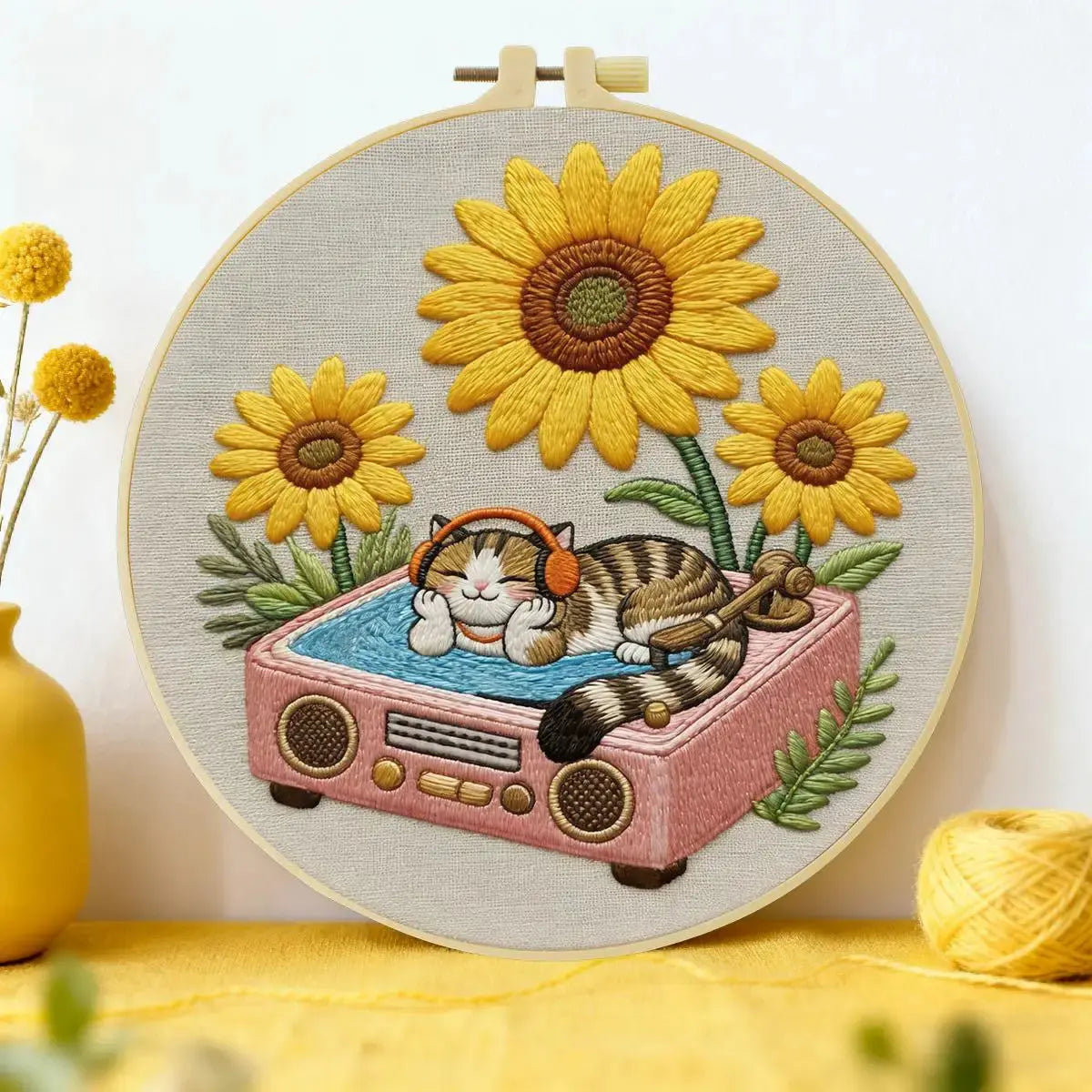 Sunflower DJ Cat Embroidery Kit Kits For Stitchers