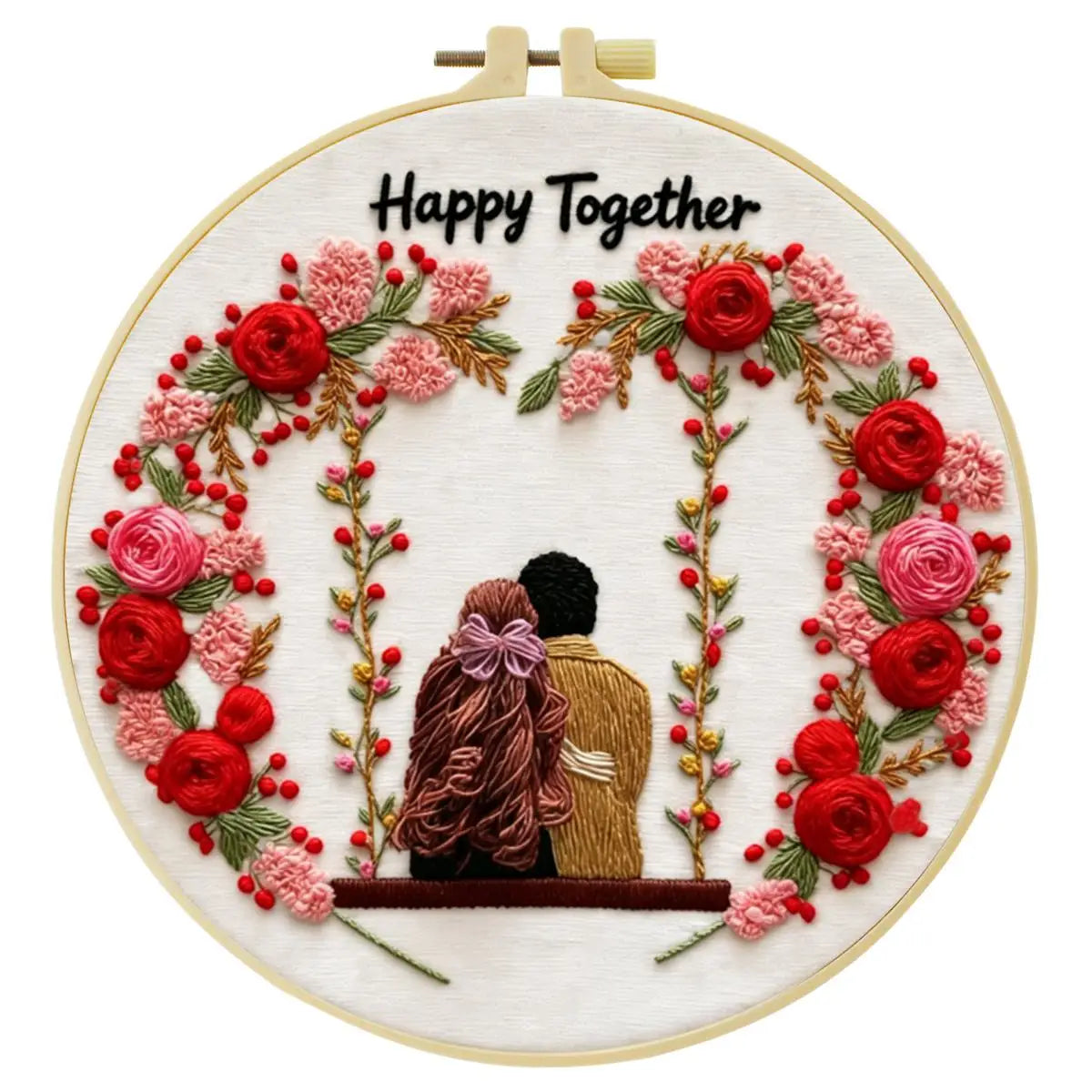 Happy Together Embroidery Kit for Beginners – DIY Romantic Couple Hand Embroidery Hoop Set