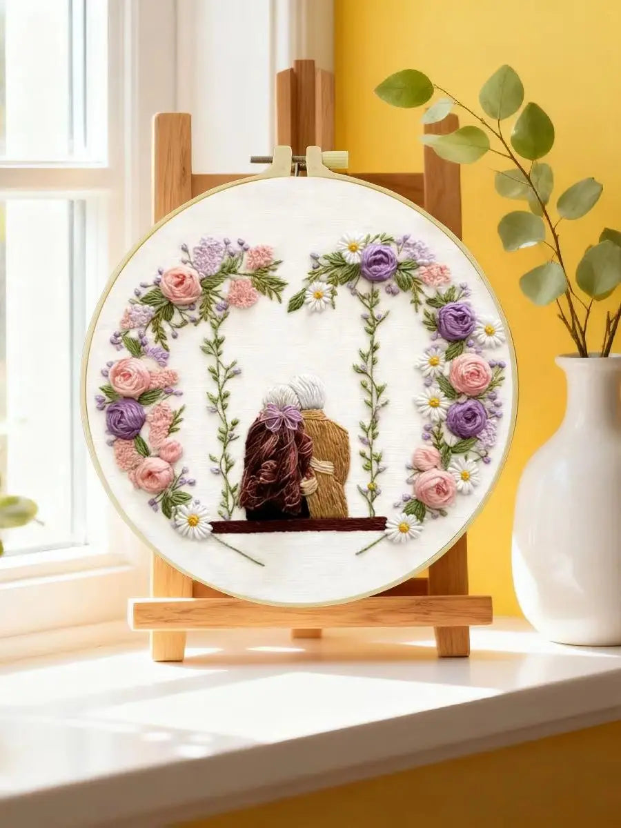 Grandma & Granddaughter Embroidery Kit for Beginners – DIY Floral Hand Embroidery Hoop Set