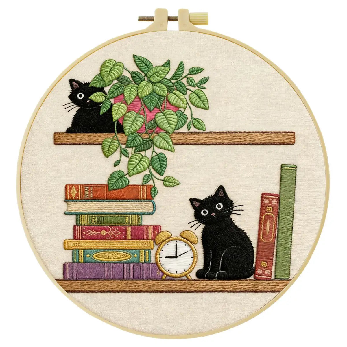 Black Cat Bookshelf Embroidery Kit for Beginners – DIY Cute Cat Hand Embroidery Hoop Set