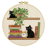 Black Cat Bookshelf Embroidery Kit for Beginners – DIY Cute Cat Hand Embroidery Hoop Set
