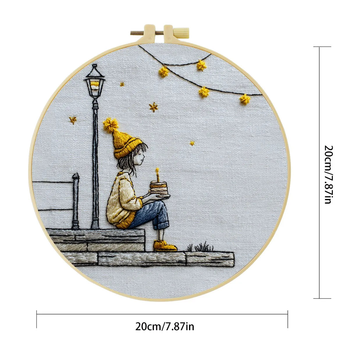 Cozy Birthday Girl Embroidery Kit – Whimsical Candle Cake Needlepoint Pattern with Fairy Lights & Minimalist Aesthetic