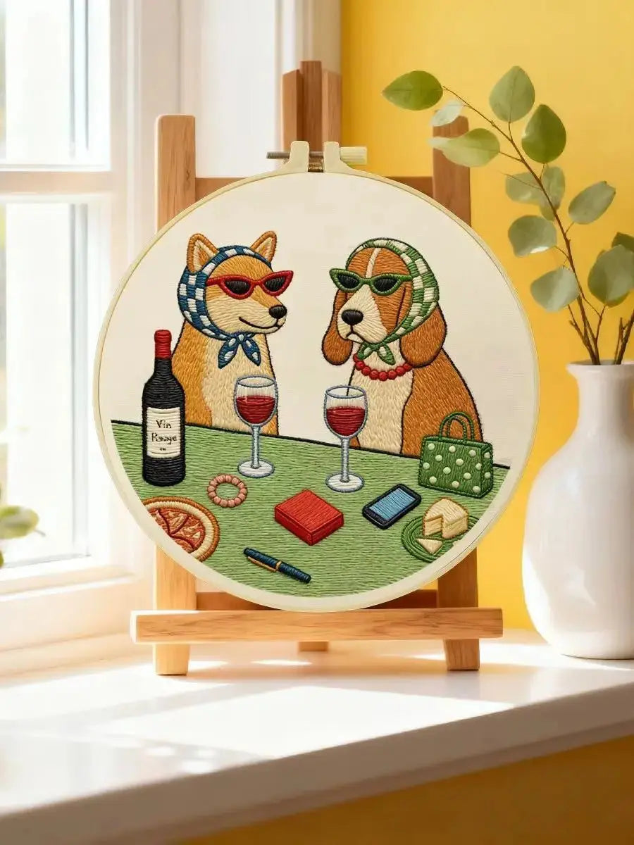 Wine & Whiskers Embroidery Kit – Stylish Dog Friends DIY Hand Embroidery Set 🍷🐶✨ Kits For Stitchers