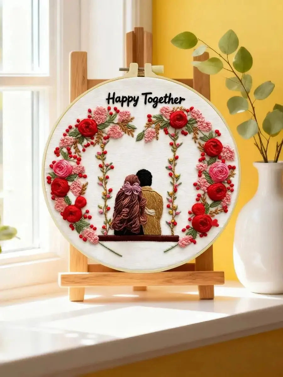 Happy Together Embroidery Kit for Beginners – DIY Romantic Couple Hand Embroidery Hoop Set Kits For Stitchers