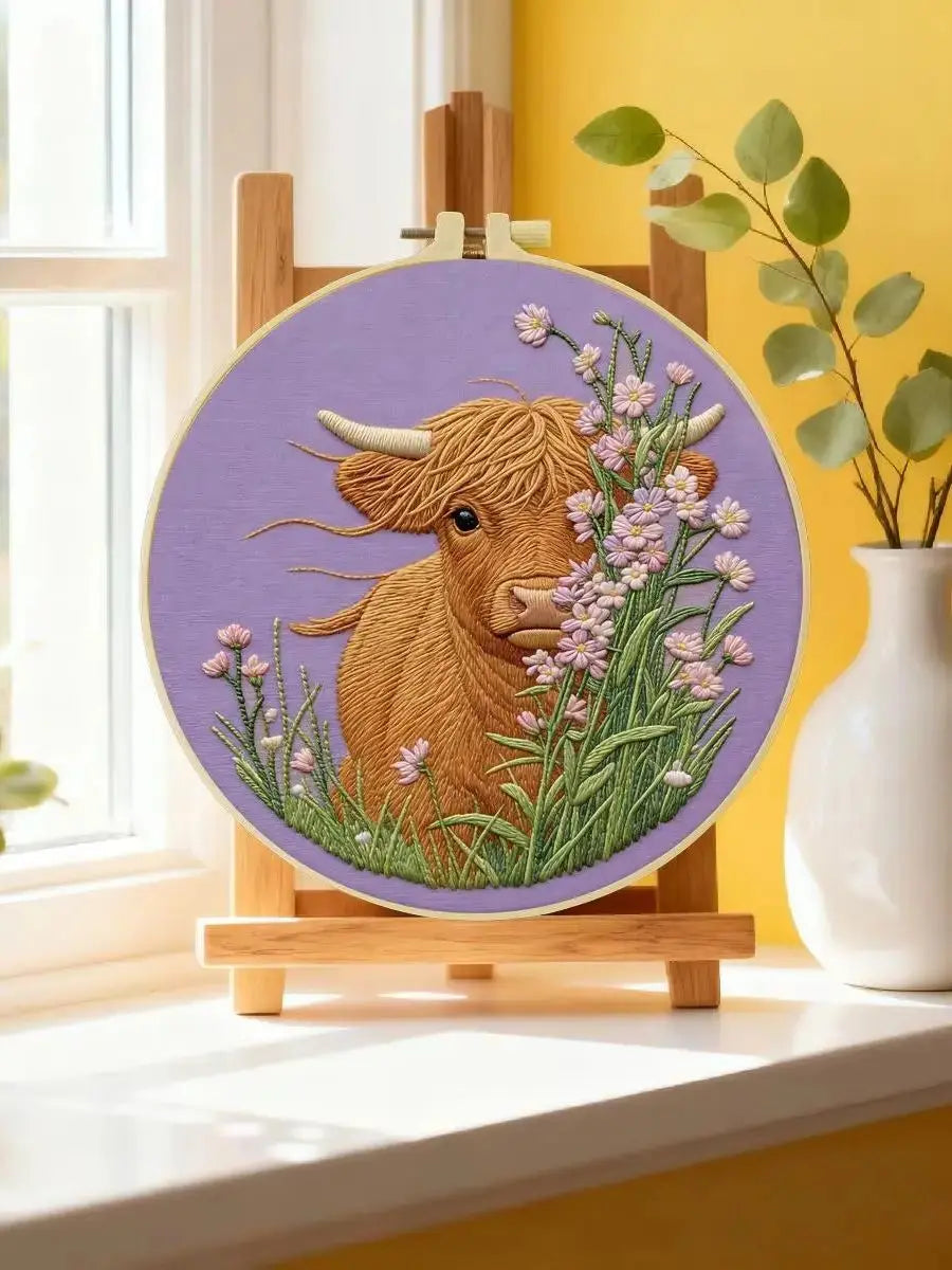 Highland Cow & Wildflowers Embroidery Kit Kits For Stitchers