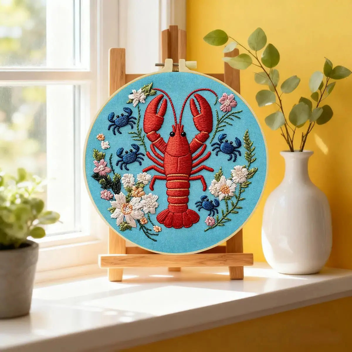 Lobster & Blue Crabs Embroidery Kit โ Colorful Coastal Floral Design Kits For Stitchers