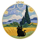 Starry Night Black Cat Embroidery Kit – Van Gogh Inspired DIY Hand Embroidery Hoop Art Set