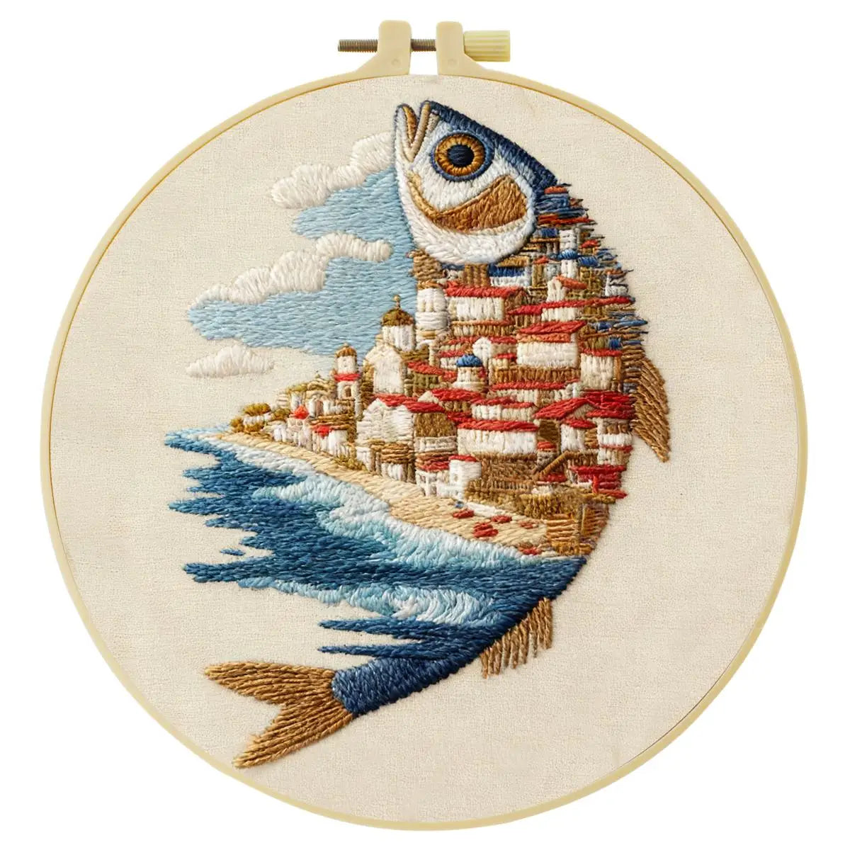 Coastal Village Fish Embroidery Kit Kits For Stitchers
