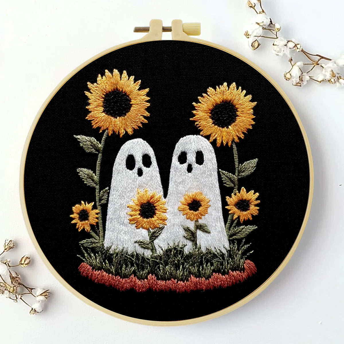 Cute Ghosts with Sunflowers Embroidery Starter Kit – DIY Halloween Sewing Art Set for Beginners