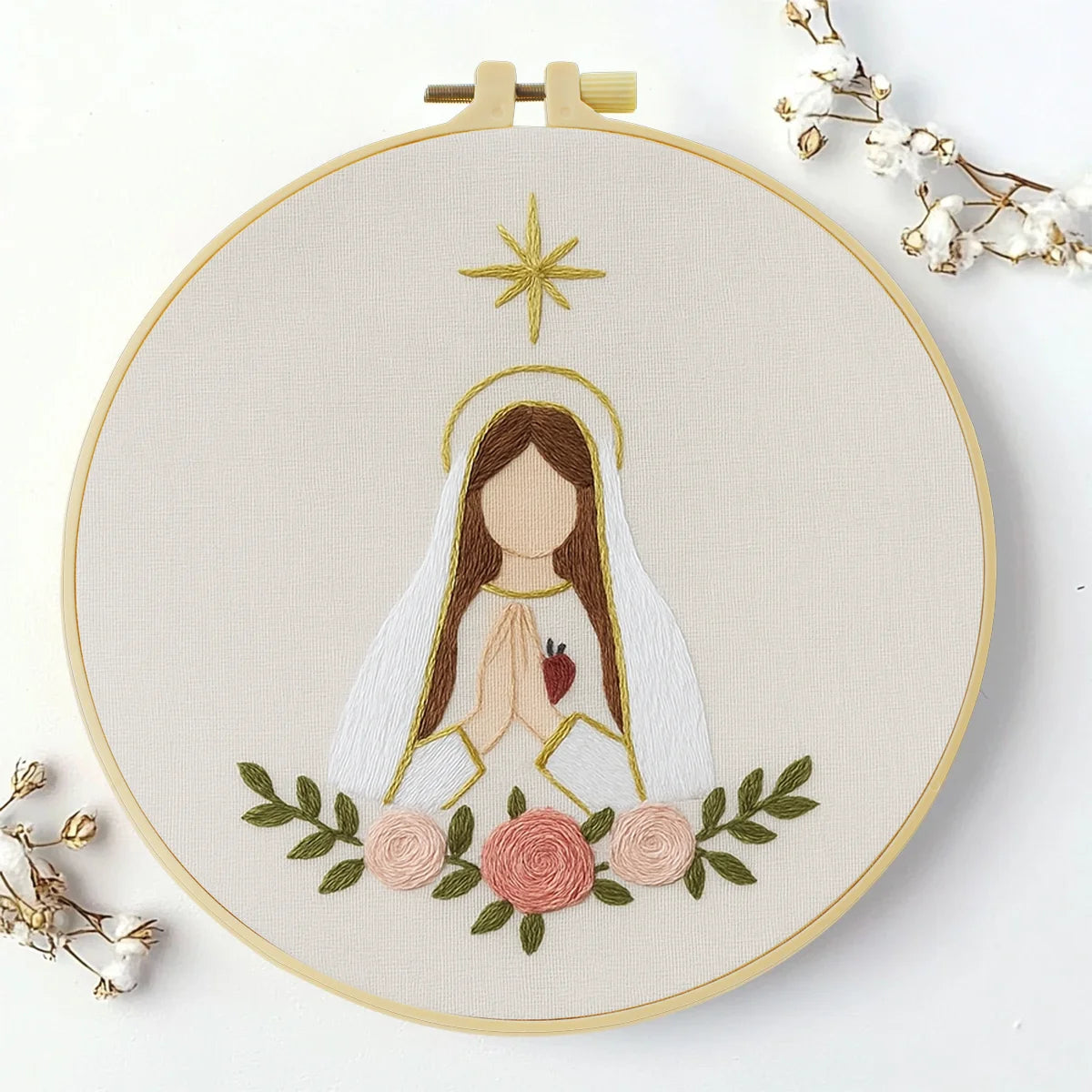 Minimalist Virgin Mary Embroidery Kit – Sacred Heart Christian Needlepoint Pattern with Floral Religious Wall Art Decor