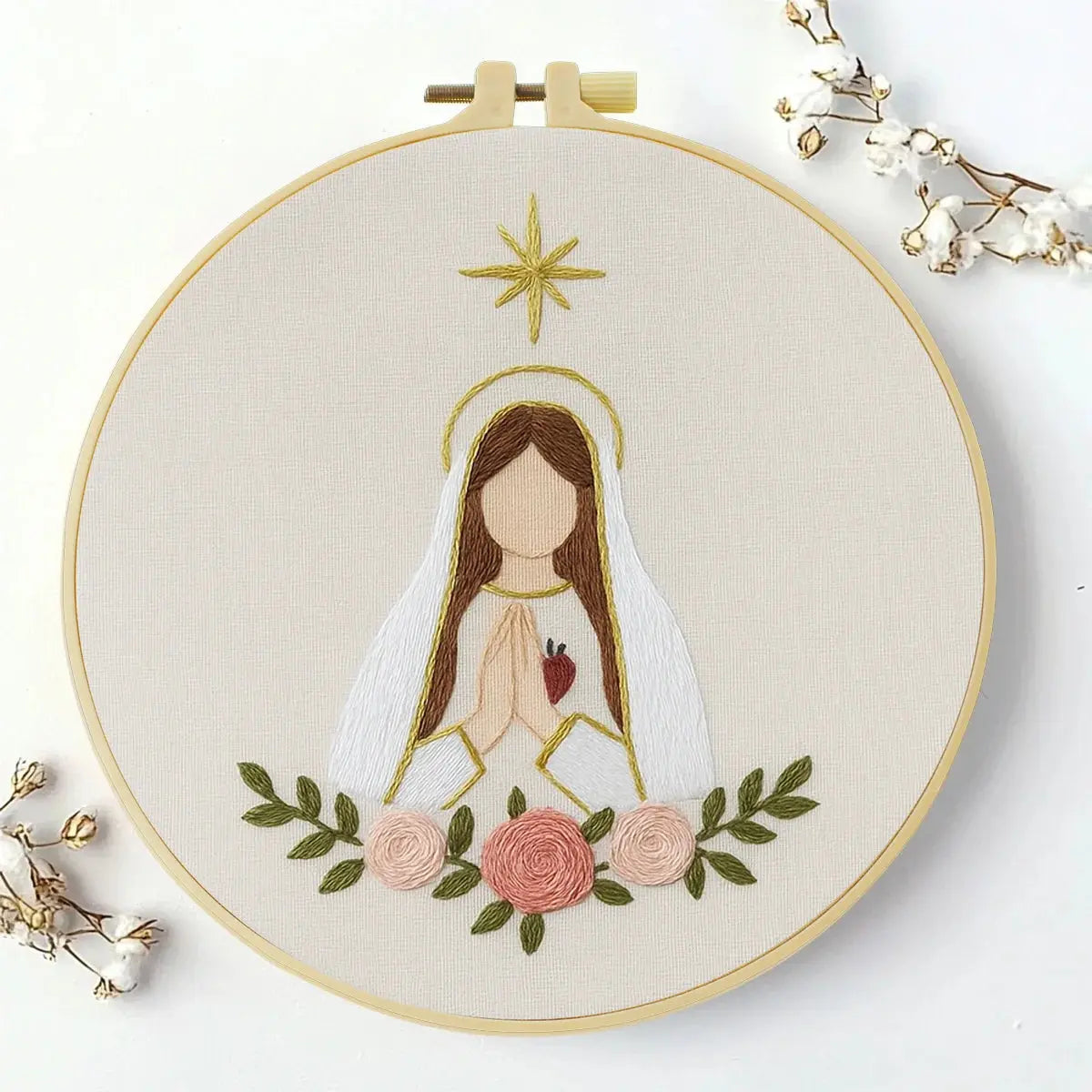 Minimalist Virgin Mary Embroidery Kit – Sacred Heart Christian Needlepoint Pattern with Floral Religious Wall Art Decor Kits For Stitchers