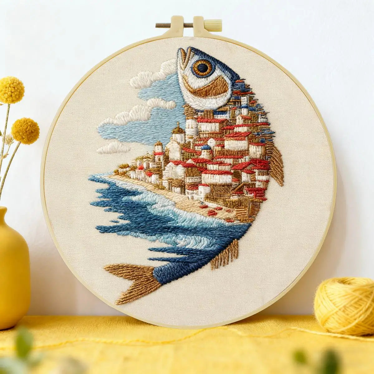 Coastal Village Fish Embroidery Kit Kits For Stitchers