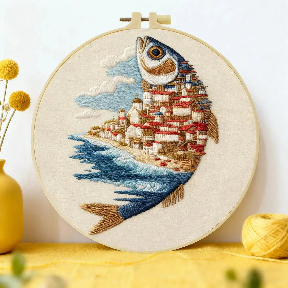 Coastal Village Fish Embroidery Kit Kits For Stitchers