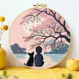 Cherry Blossom Moonlight Embroidery Kit – Peaceful Boy & Dog DIY Hand Embroidery Hoop Art Set Kits For Stitchers