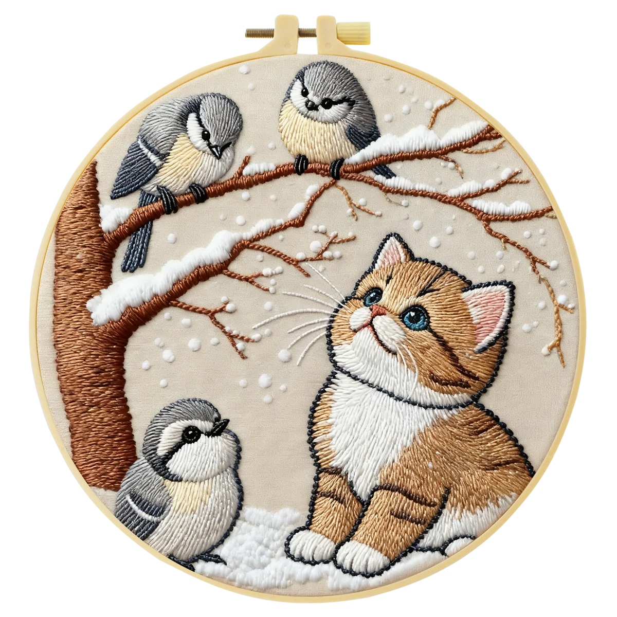 Winter Kitten & Snowbirds Embroidery DIY Kit – Cute Animal Hand Stitch Craft with Hoop & Threads